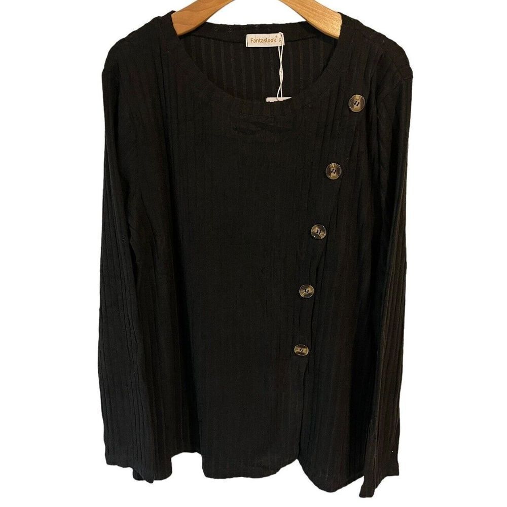 Fantaslook Black Ribbed Sweater Womens Large Button Accent